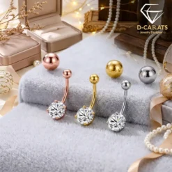 Gold, silver, and rose gold belly button rings with round CZ stones D D-Carats.