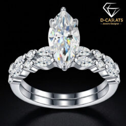 Marquise engagement ring set in sterling silver with a stacked half-eternity wedding band | D-Carats.