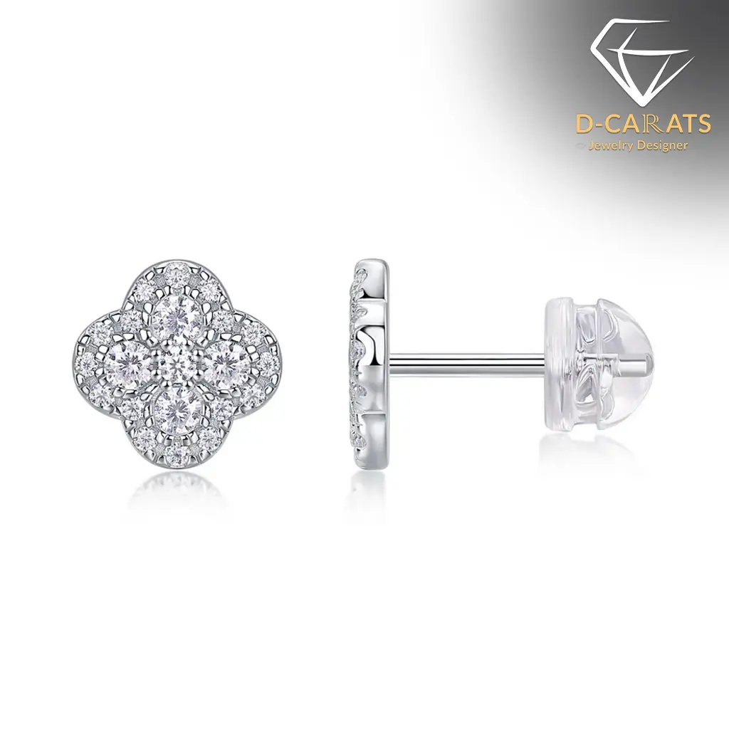 Clover earrings in platinum-plated 925 silver with moissanite 14 Pair of silver platinum-plated earrings clover with sparkling moissanite stones in a four-leaf floral stud design