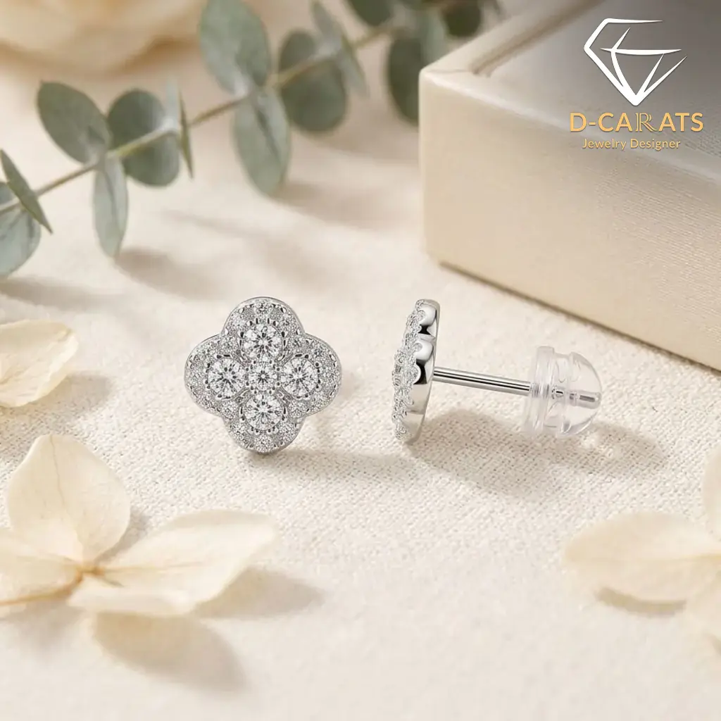 Clover earrings in platinum-plated 925 silver with moissanite 11 Close-up side view of platinum-plated silver earrings clover with sparkling moissanite stones and secure backings