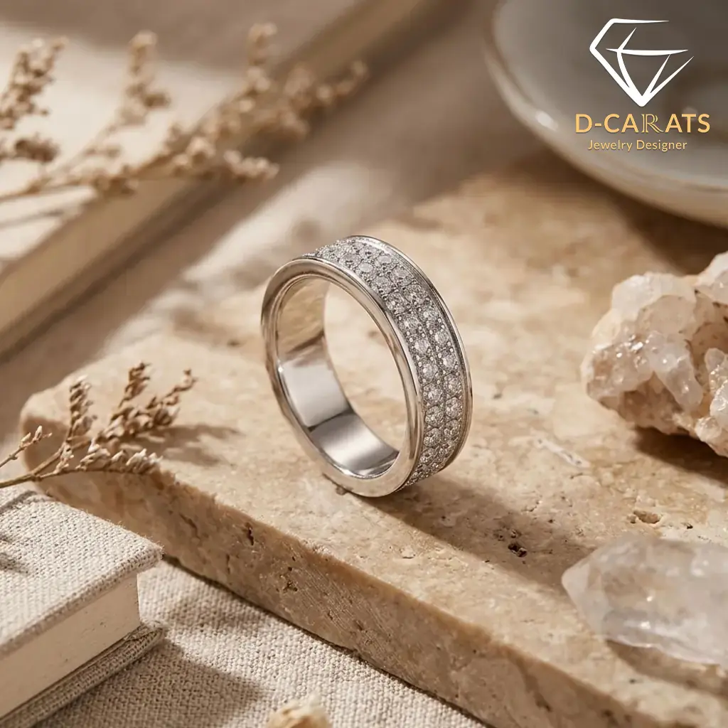 Moissanite eternity band ring in platinum-plated silver 5 Polished silver eternity band ring with two rows of sparkling moissanite stones resting on a textured beige stone slab