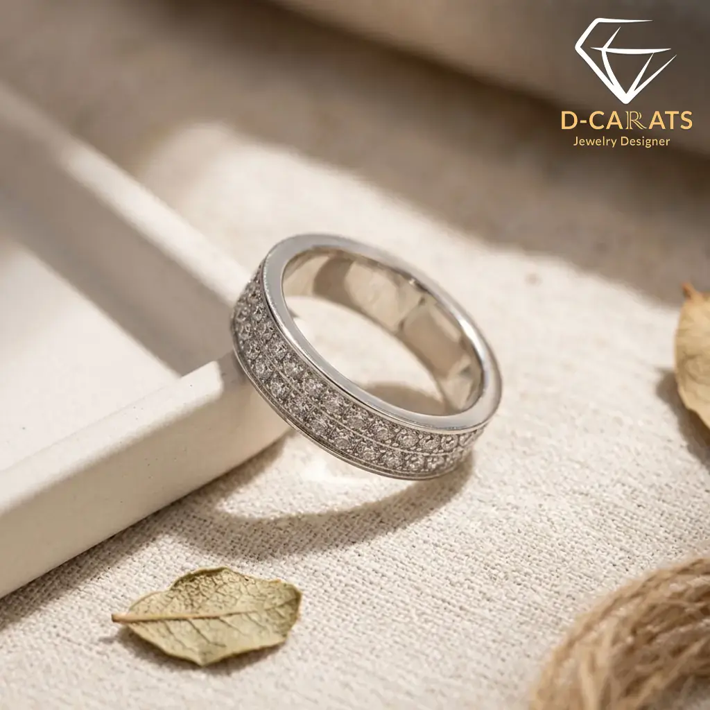 Moissanite eternity band ring in platinum-plated silver 4 Close-up angled view of a silver eternity band ring featuring three rows of shimmering moissanite stones