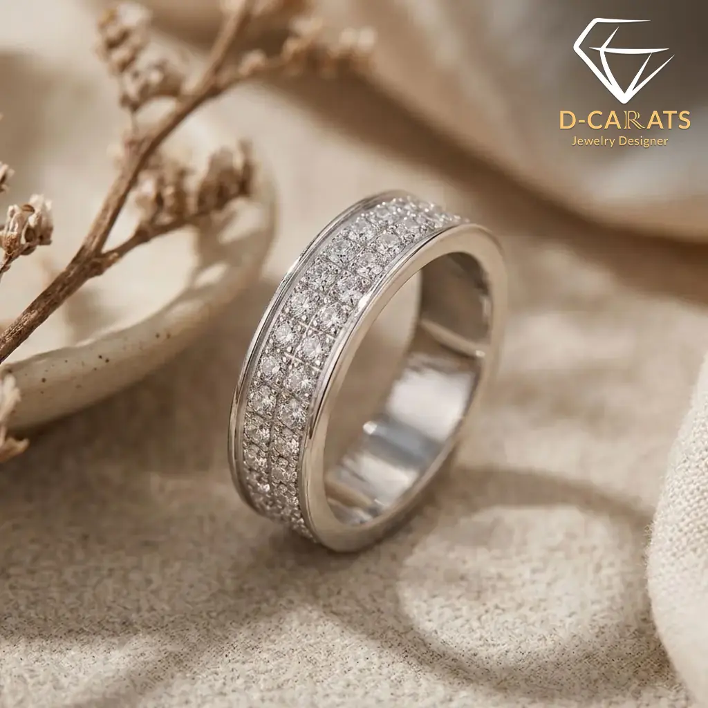 Moissanite eternity band ring in platinum-plated silver 6 Close-up angle of a platinum-plated silver eternity band ring featuring three rows of sparkling round moissanite stones