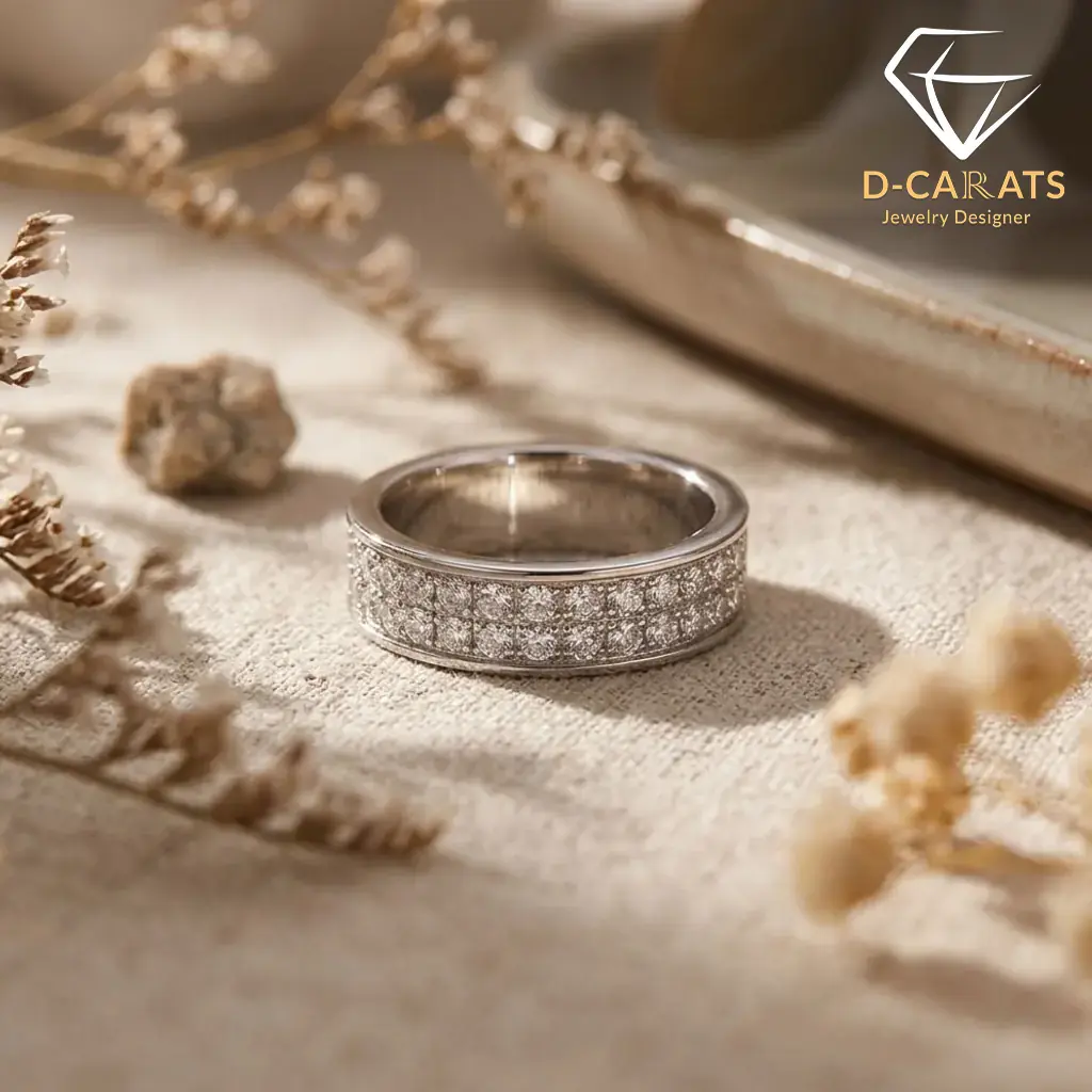Moissanite eternity band ring in platinum-plated silver 10 Close-up side view of a silver eternity band ring with three rows of sparkling moissanite stones on a neutral fabric surface