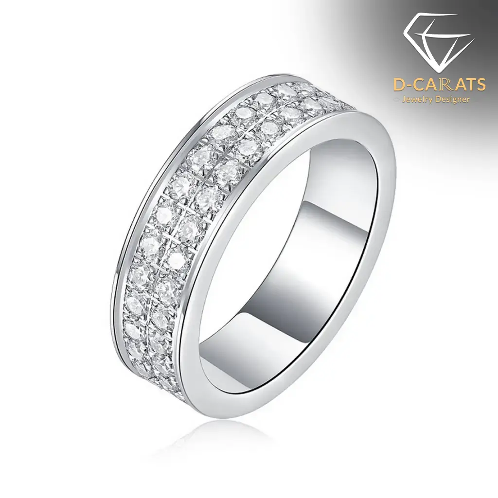 Moissanite eternity band ring in platinum-plated silver 16 Close-up angled view of a platinum-plated silver eternity band ring featuring two rows of shimmering round moissanite stones