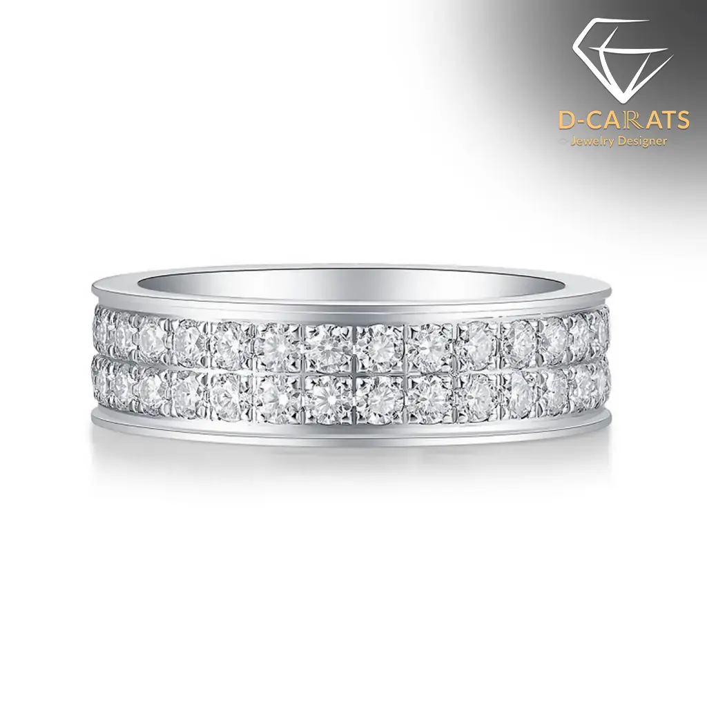 Moissanite eternity band ring in platinum-plated silver 15 Side view of a double row moissanite eternity band ring in polished platinum-plated silver showing brilliant square stones