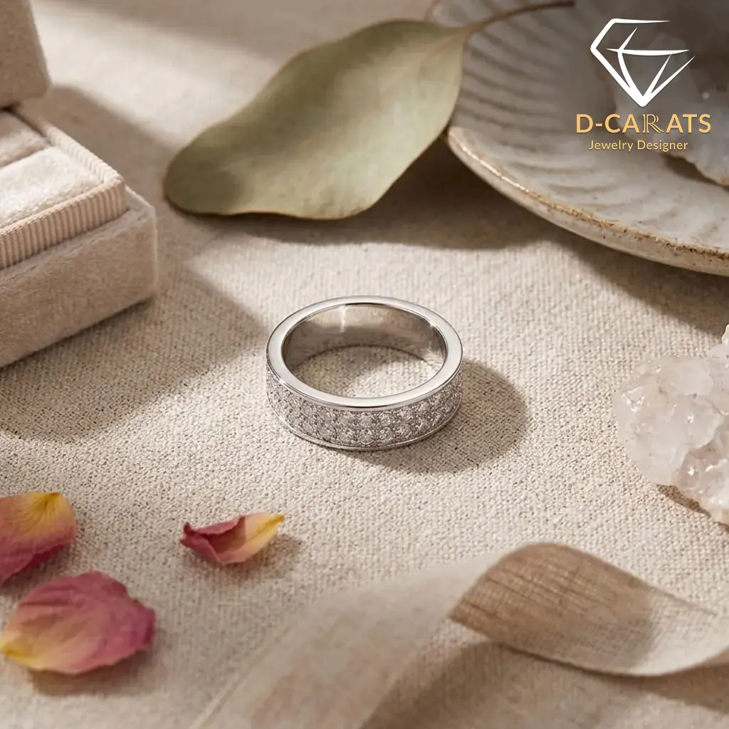 Moissanite eternity band ring in platinum-plated silver 7 Close-up of a shimmering moissanite eternity band ring in silver platinum, resting on a neutral linen fabric surface