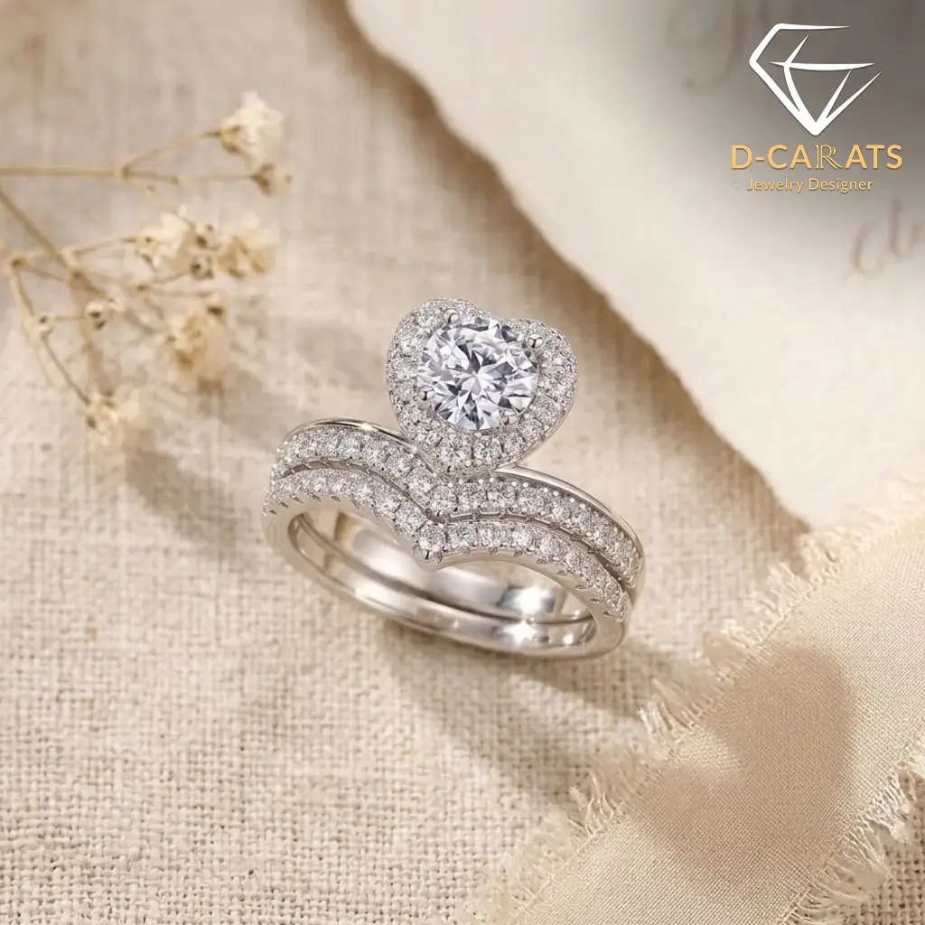 Moissanite Heart Halo Engagement Ring Set 9 Close-up of a silver heart shaped engagement ring set with a shimmering moissanite center stone and pavé diamond bands