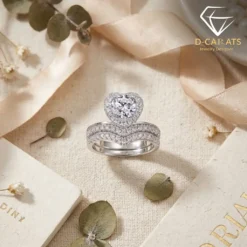 Close-up of a silver heart shaped engagement ring set with a diamond halo and matching pavé wedding band on linen fabric