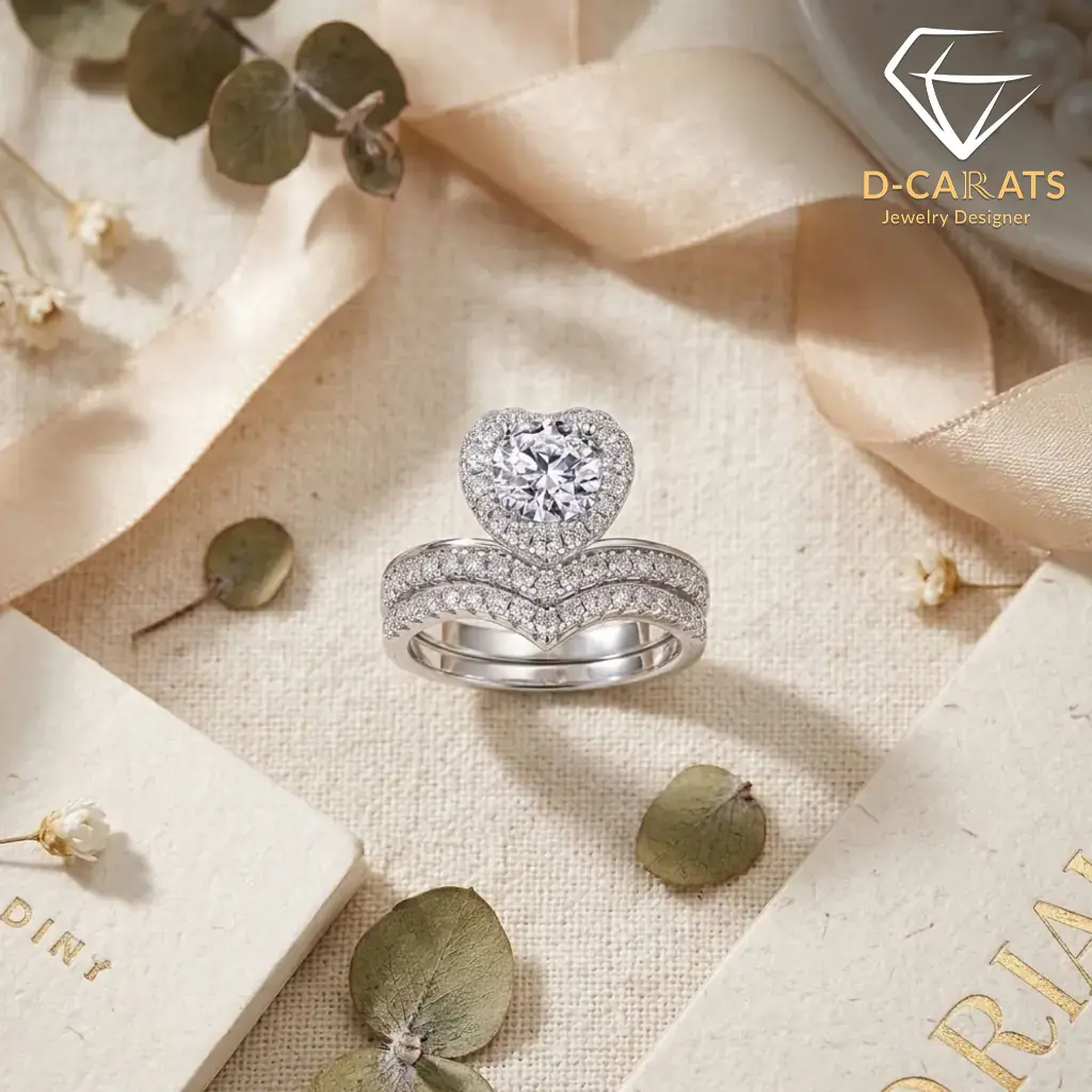 Moissanite Heart Halo Engagement Ring Set 6 Close-up of a silver heart shaped engagement ring set with a diamond halo and matching pavé wedding band on linen fabric