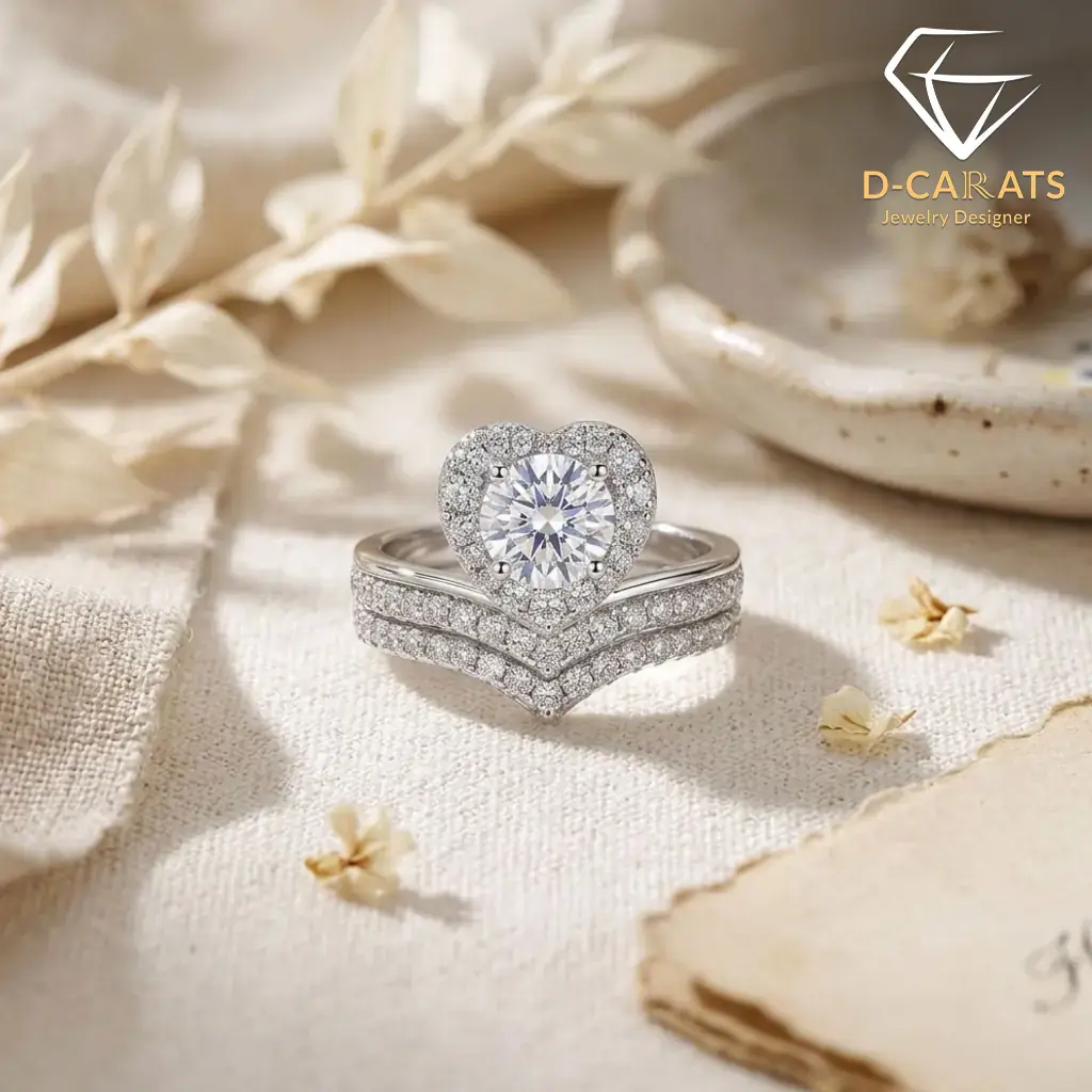 Moissanite Heart Halo Engagement Ring Set 7 Close-up of a sparkling heart shaped engagement ring set in silver metal resting on a cream linen fabric surface