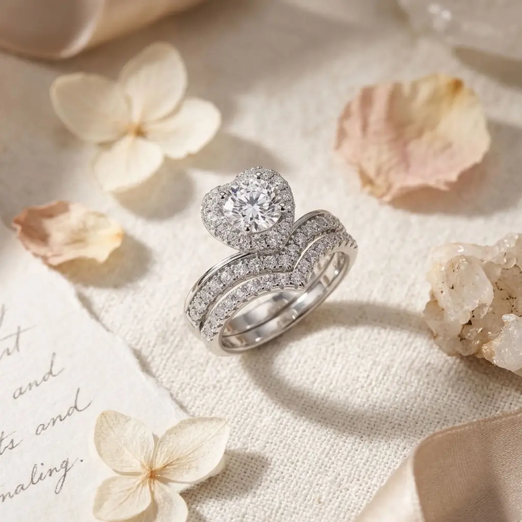 Moissanite Heart Halo Engagement Ring Set 12 Close-up side view of a silver heart shaped engagement ring set with shimmering moissanite stones on a linen surface