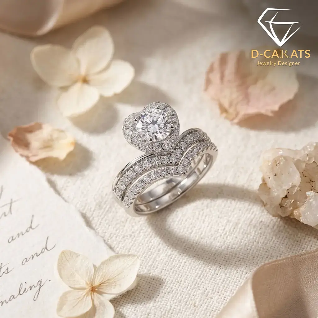 Moissanite Heart Halo Engagement Ring Set 8 Close-up side view of a silver heart shaped engagement ring set with shimmering moissanite stones on a linen surface