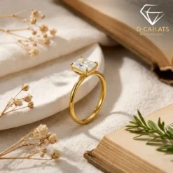 Close-up of a gold plated radiant cut engagement ring resting on a white ceramic plate beside an open vintage book