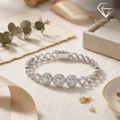 Close-up of a platinum S925 silver triple halo bracelet with sparkling moissanite stones resting on a textured beige surface