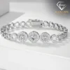 Close-up of a platinum S925 silver triple halo bracelet featuring sparkling round moissanite stones in a circular pattern