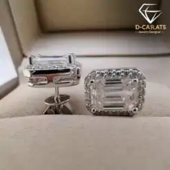 Stunning moissanite silver emerald cut halo stud earrings | D-Carats.