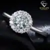 Halo ring featuring a 0.5ct round-cut green moissanite centerstone with a classic white halo setting in high-polish S925 sterling silver | D-Carats.