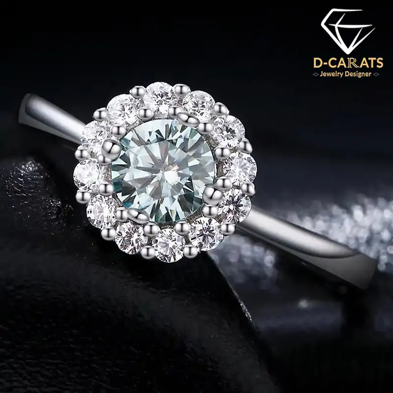 Halo ring featuring a 0.5ct round-cut green moissanite centerstone with a classic white halo setting in high-polish S925 sterling silver | D-Carats.