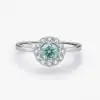 High-quality green moissanite halo ring in sterling silver | D-Carats.