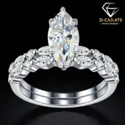 Marquise engagement ring set in sterling silver with a stacked half-eternity wedding band | D-Carats.