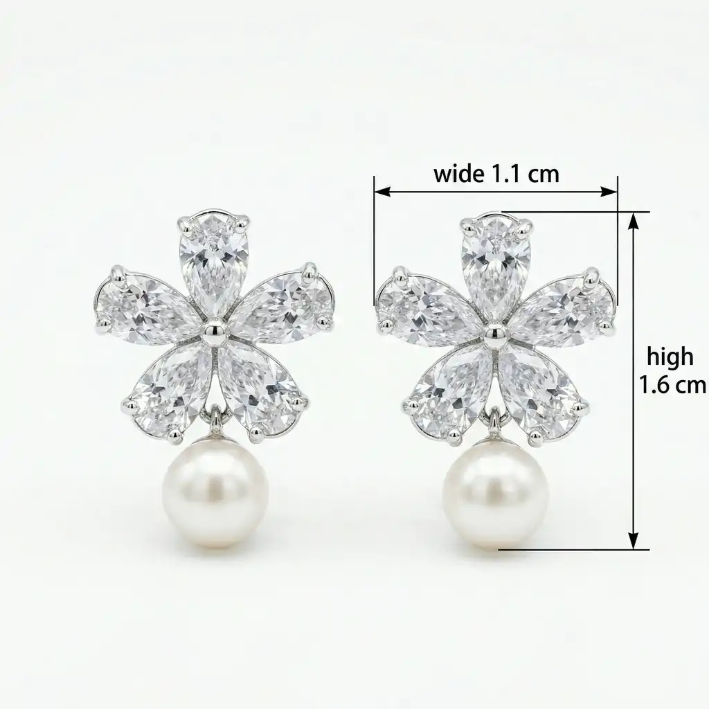 Pendientes colgantes de perla y plata con flor de circón 4 Pendientes colgantes de perla de plata con flor de circón