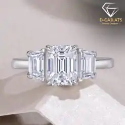 Emerald cut moissanite 3-stone engagement ring in sterling silver | D-Carats.