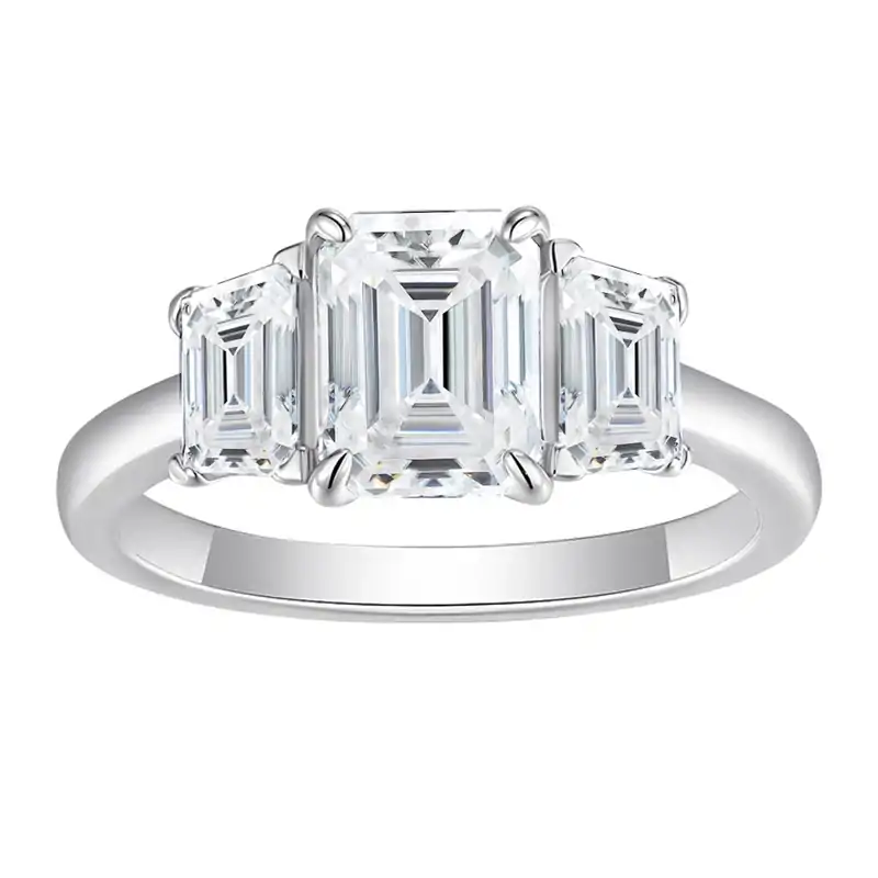 3-Stone engagement ring <br> emerald cut. 7 Elegant emerald cut moissanite 3-stone engagement ring in sterling silver | D-Carats.