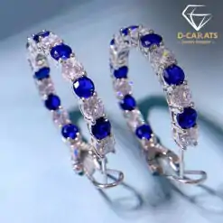 Deep blue sterling silver sapphire omega back hoop earrings | D-Carats.