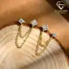 Sterling silver moissanite double piercing earrings with round and square stud design connected by layered chain drop | D-Carats.
