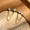 Moissanite diamond double stud earrings in sterling silver with layered chain detail | D-Carats.
