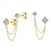 Double piercing chain earrings featuring round and square moissanite stones in sterling silver | D-Carats.