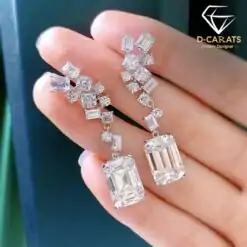 Cute sterling silver emerald cut high carbon diamond drop earrings | D-carats.