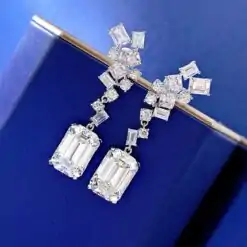 Elegant sterling silver emerald cut high carbon diamond drop earrings | D-carats.