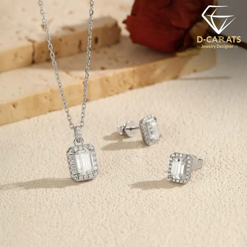 Conjunto de pendientes y collar talla esmeralda. 2 Juego de collar y pendientes para mujer con moissanita talla esmeralda en halo de plata | D-Carats.