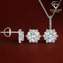 Elegant sterling silver flower jewelry set for women with moissanite diamond in sterling silver | D-Carats.