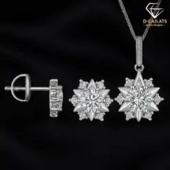 Flower jewelry earrings and necklace set in 925 sterling silver with moissanite stones | D-Carats.