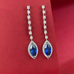 Elegant sterling silver marquise cut blue sapphire dangle earrings | D-Carats.
