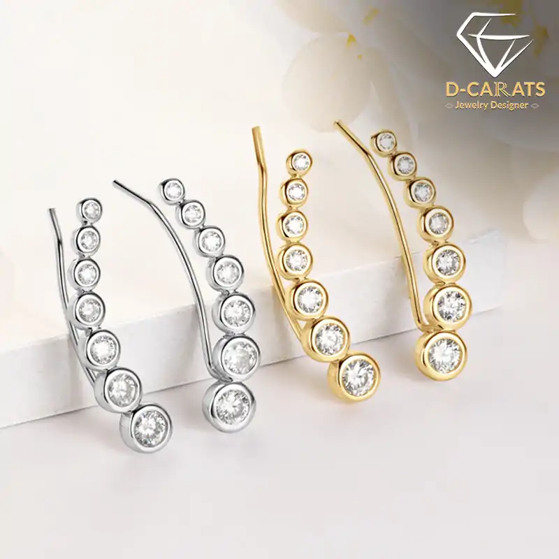 Pendientes trepadores. 3 Pendientes trepadores únicos de moissanita en bisel de plata sterling | D-Carats.