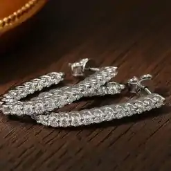 Inexpensive sterling silver moissanite dangle hoop earrings | D-Carats.