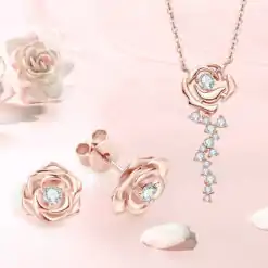 14k Rose Gold Farbe Moissanit Blume Form Ohrringe und Halskette Set | D-Carats.