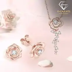 Rose-design moissanite pendant necklace and earrings set in sterling silver | D-Carats.