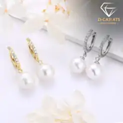 Inexpensive sterling silver freshwater pearl with moissanite drop earrings | D-Carats.