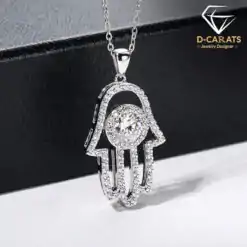 18k white gold-plated sterling silver moissanite diamond hamsa hand pendant necklace | D-Carats.