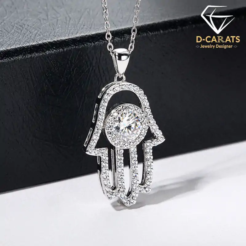18k white gold-plated sterling silver moissanite diamond hamsa hand pendant necklace | D-Carats.