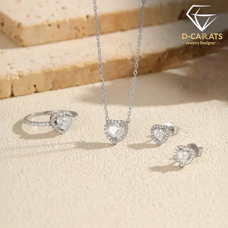 Heart earrings and necklace set. 3 Beautiful heart jewelry set in sterling silver with moissanite diamond | D-Carats.