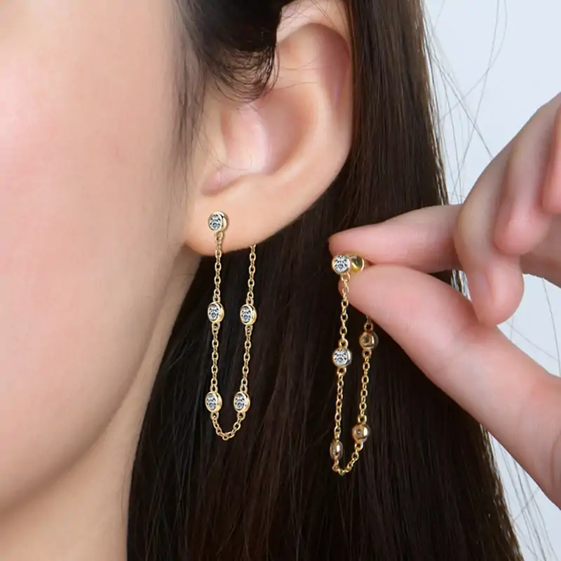 Gold threader earrings. 9 Yellow gold-filled sterling silver moissanite threader earrings | D-Carats.