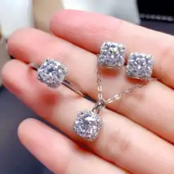 Sparkling women's earrings necklace and ring moissanite diamond in sterling silver | D-Carats.