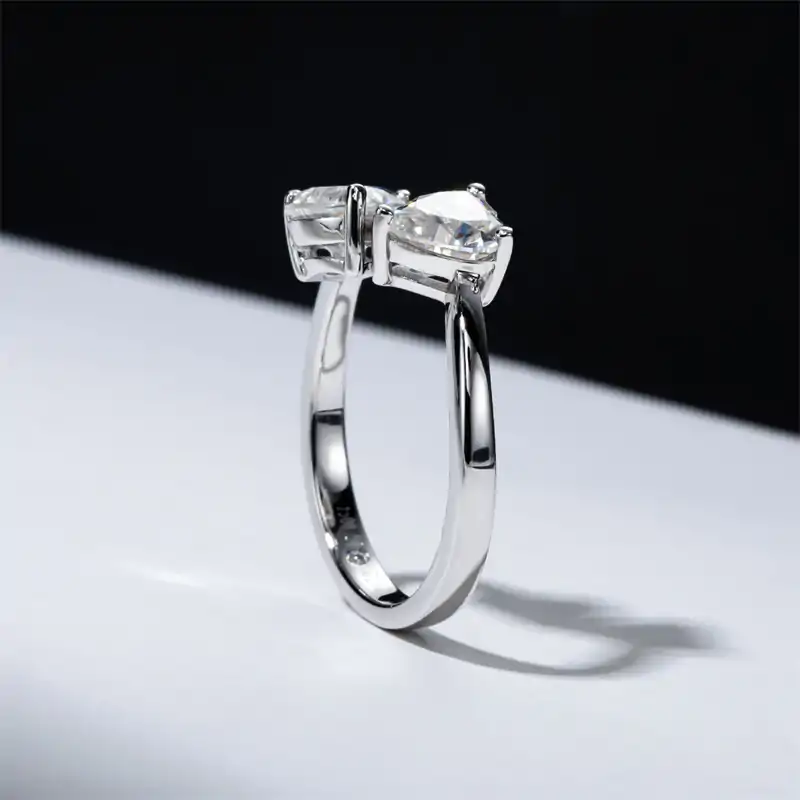 Heart shaped <br> engagement ring. 7 Unique sterling silver two heart moissanite stones engagement ring | D-Carats.