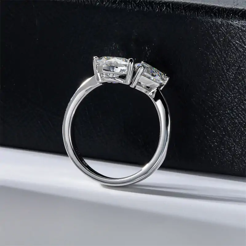 Heart shaped <br> engagement ring. 8 Adjustable sterling silver two heart moissanite stones engagement ring | D-Carats.